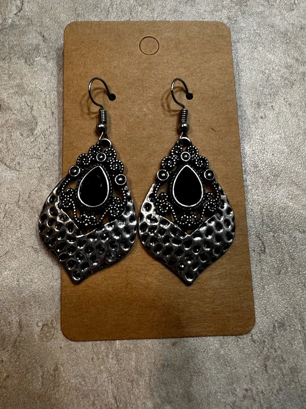 Vintage style silver tone black Bohemian Filigree Teardrop Dangle Earrings
